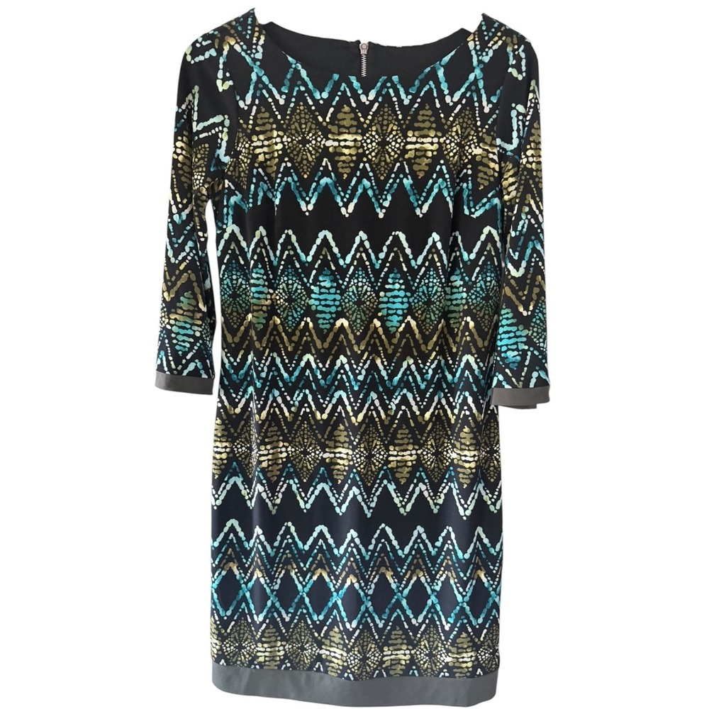 Donna Ricco Womens Size 8 Shift Dress‎ Black Teal Gold Geometric 3/4 Sleeve